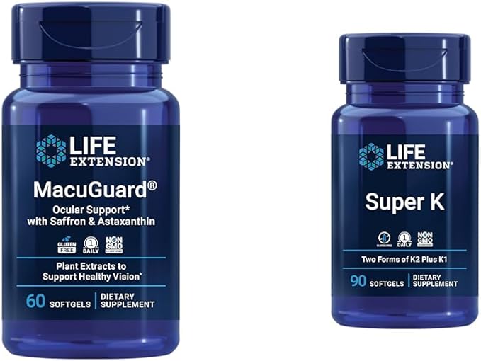 Life Extension Macuguard Eye Health Supplement with Lutein, Meso-Zeaxanthin, Saffron & Astaxanthin - 60 Count and Super K Vitamin K1 K2 MK-7 MK-4 Vitamin C - 90 Softgels