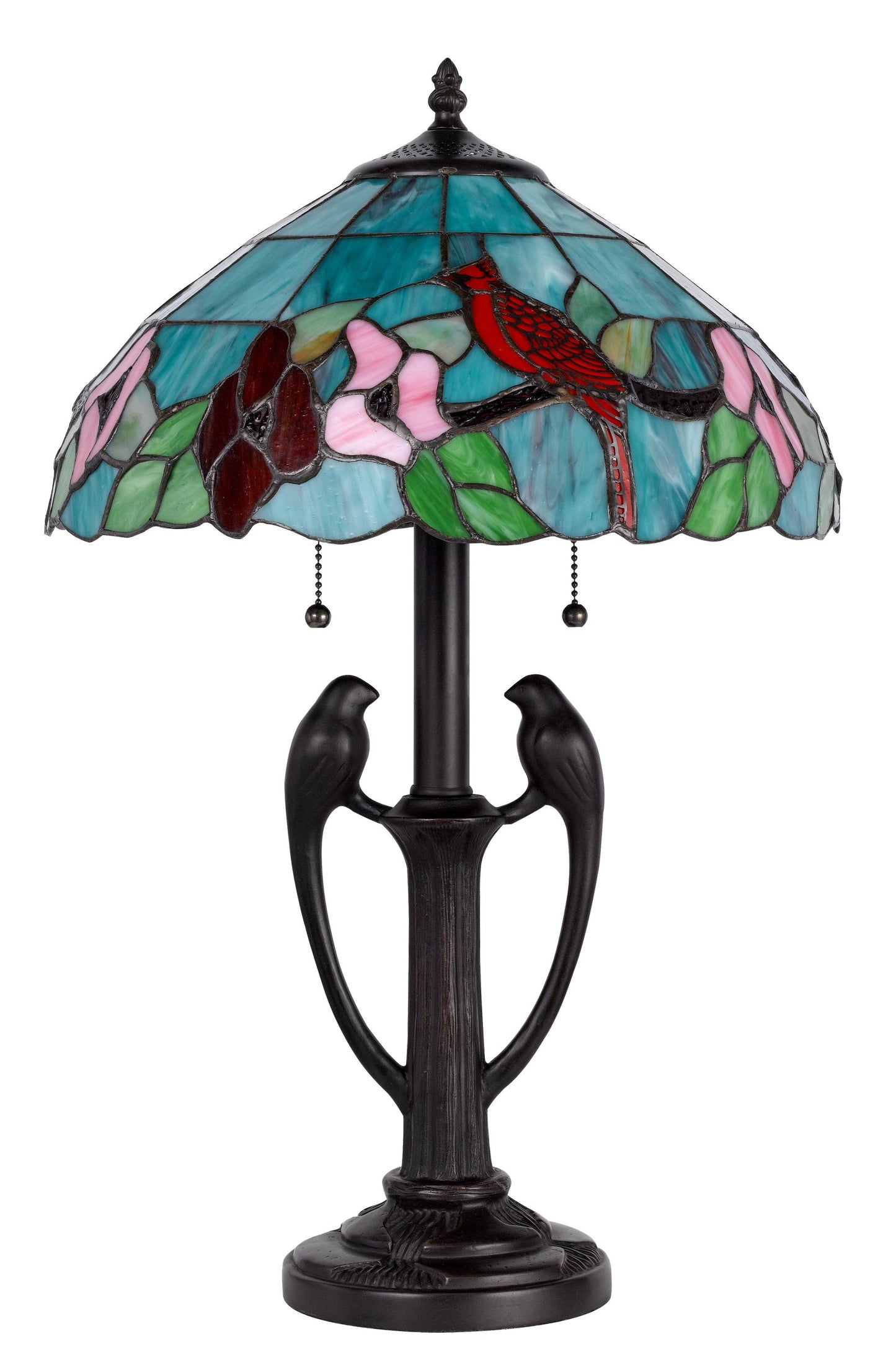 22 Bronze Two Light Tiffany Table Lamp With Aqua And Red Floral Shade