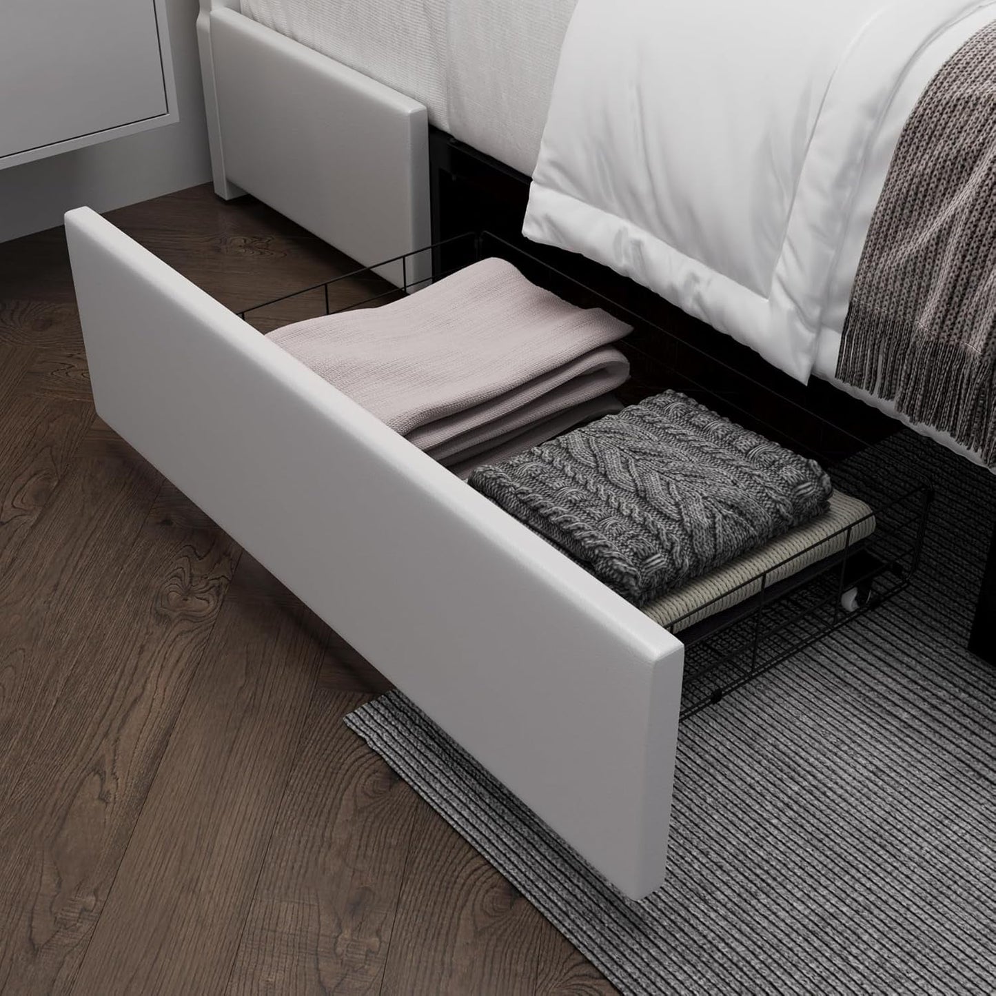 Queen Bed Frame with RGB LED Lights Headboard & 2 Storage Drawers, Modern Upholstered Faux Leather Smart Platform Iron Metal Decor, USB USB-C Charging Ports, No Box Spring Needed, White