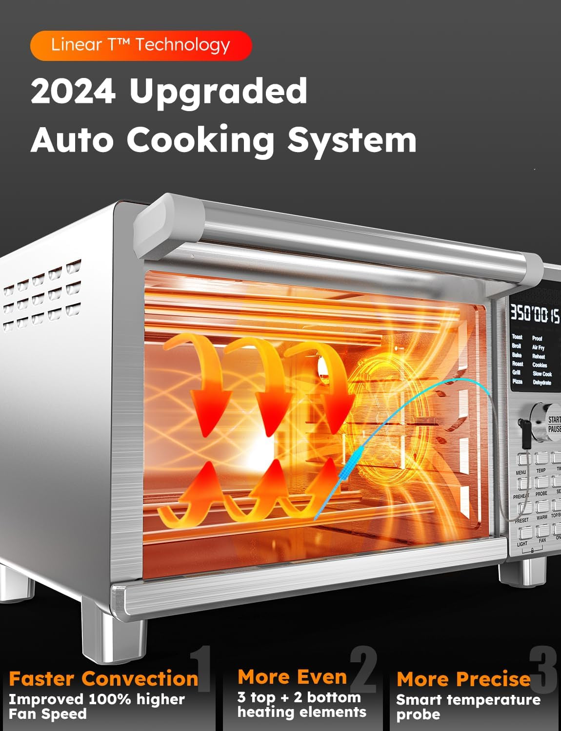 Bravo Pro Smart Toaster Oven Countertop, True Air Fryer Combo W/Improved 100% Convection, 35% Crispier, 112 Presets, Customizable Pizza Zones, Integrated Probe, PFAS Free, 30QT, Stainless Steel