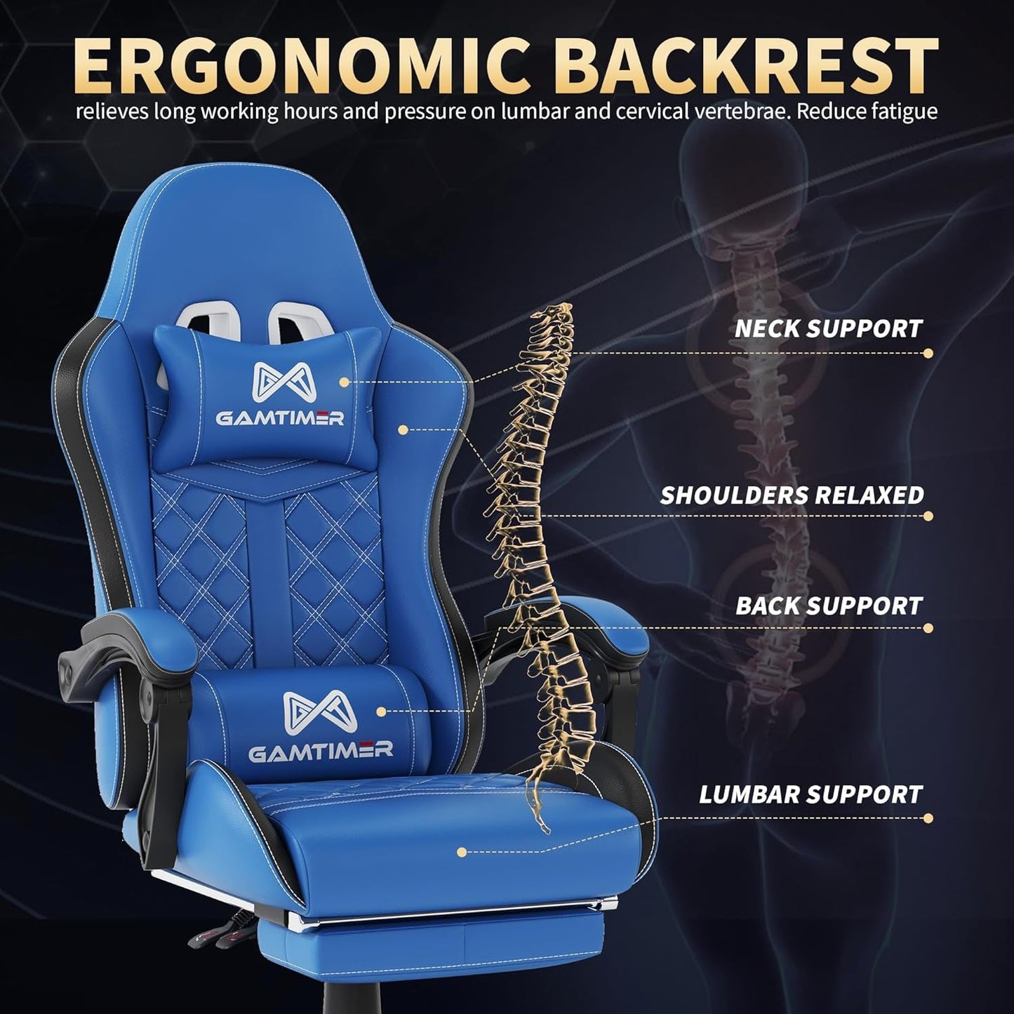 Office Chair, 400 Lbs Adult Chair, High Back Computer Chair with Footrest and Linked Armrests, Office Video Game Chair with Lumbar Support (Blue)