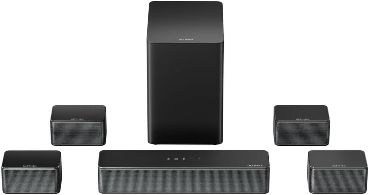 7.1Ch Soundbar with Wireless Subwoofer, Virtual Surround Sound System for TV, App Control, 410W Peak Power, Sound Bar for TV, 4 Wired Surround Speakers, Home Theater Sound System Poseidon D70