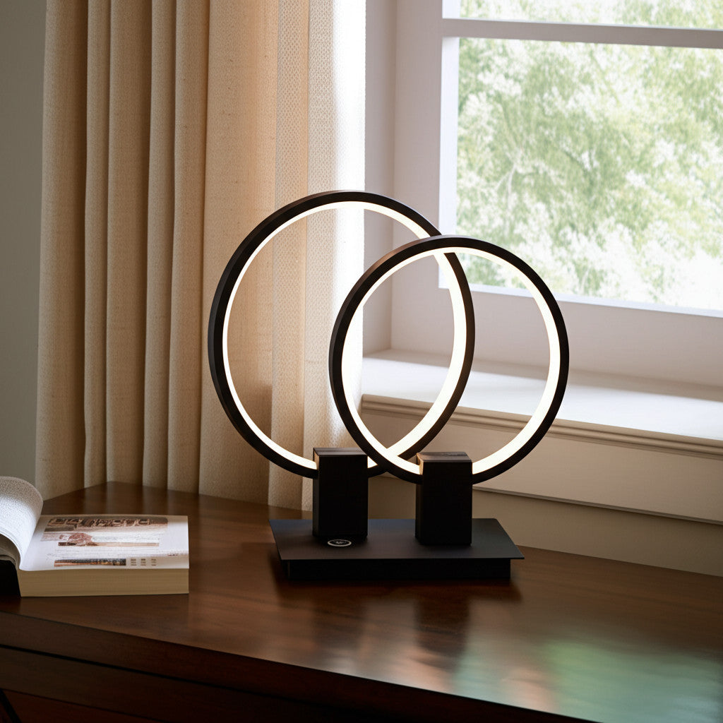15 Black Metal Two Light Mod Round Circle Led Table Lamp