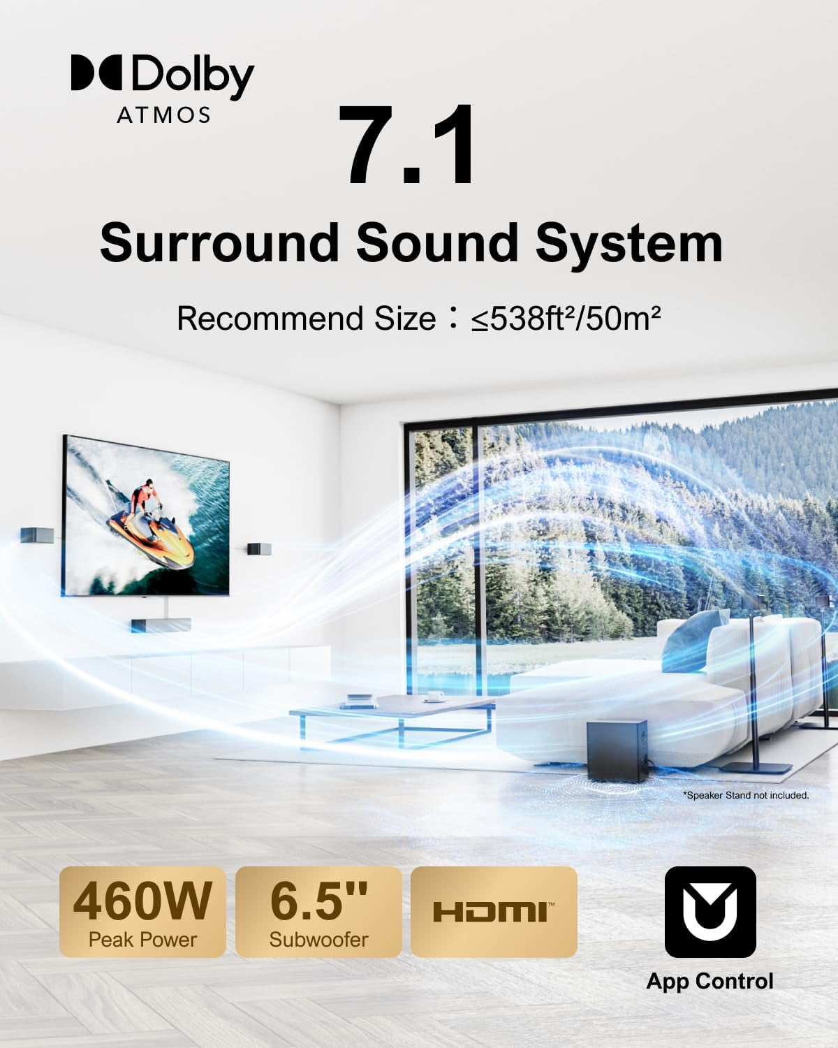 7.1CH Surround Sound System for TV, Soundbar with Dolby Atmos, 6.5" Wireless Subwoofer, APP Control, 4 Wired Surround Speakers, Peak Power 460W Soundbar for TV, Poseidon D80 (New 2025 Model)
