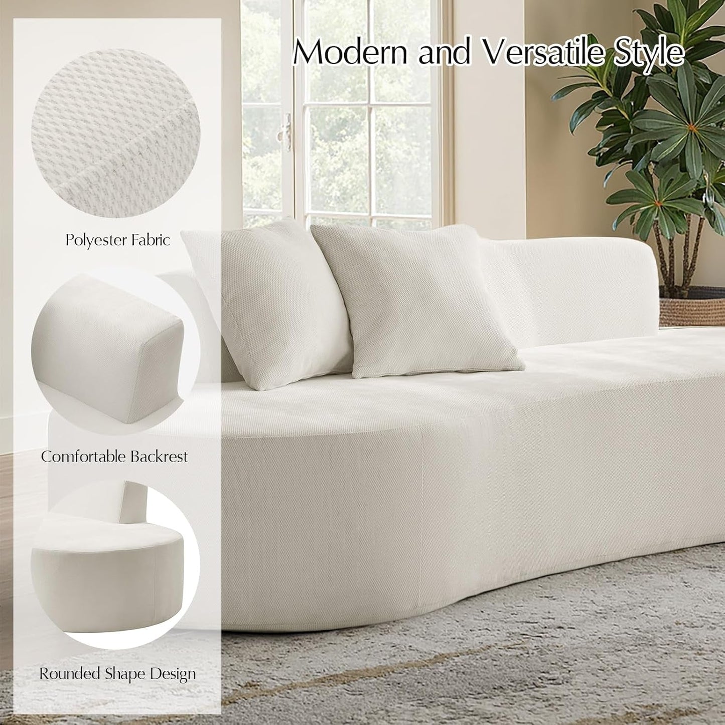 94.5" Curved Boneless Couch with Two Pillows, Oversized 3 Seater Compressed Foam Sofa with Deep Seat, Modern Cloud Couch for Living Room, No Assembly Required, Ivory