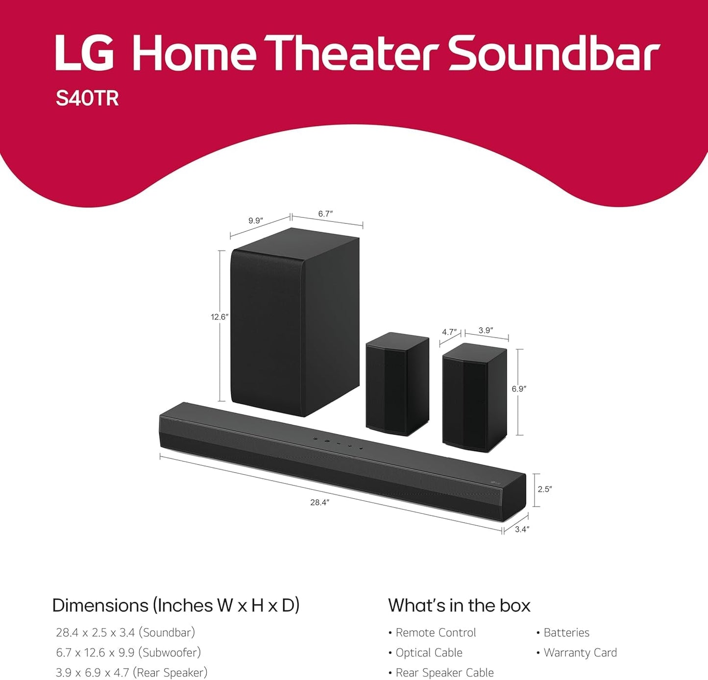 S40TR 4.1 Ch. Home Theater Soundbar with Rear Surround Speakers and Wireless Subwoofer, Wow Interface, Dolby Audio, AI Sound Pro, 2024 Model, Amazon Exclusive