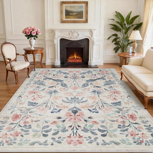 8X10 Area Rugs Washable Rug: Lagre Boho Living Room Rug Soft Non-Slip Thin Carpet Indoor Floor Non-Shedding Neutral Floral Carpets for Bedroom Dining Room Farmhouse Nursery Multi