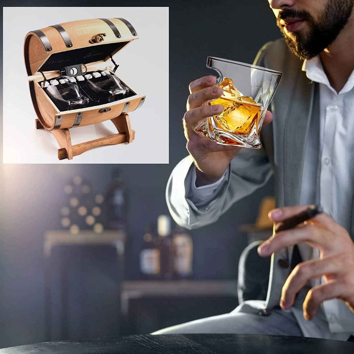 Whiskey Glasses and Accessories In Whiskey Barrel Gift Box