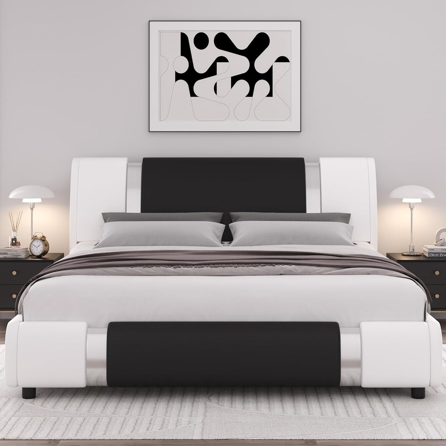 Modern Faux Leather Upholstered Platform Bed Frame with Mirror Metal Decoration Headboard, Curved Headboard, Wooden Slats Support, No Box Spring Needed, Queen Size, Whiteblack