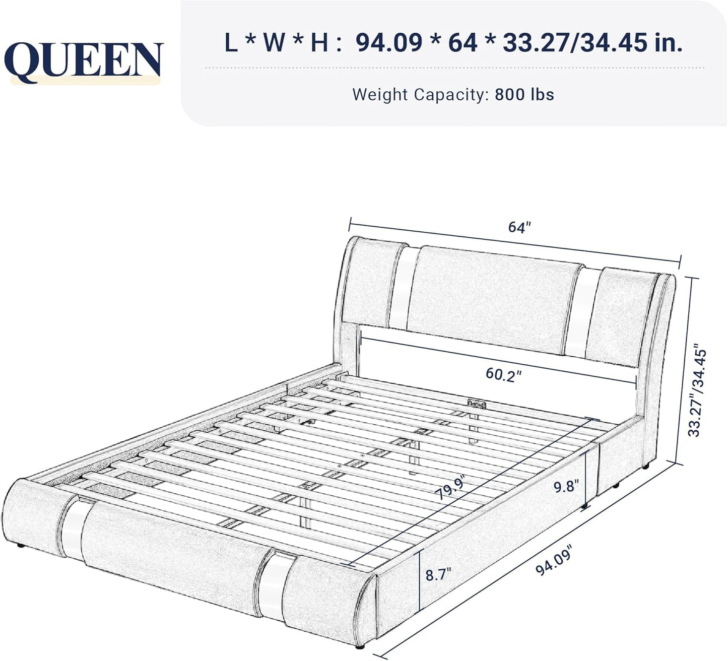 Queen Bed Frame with Iron Piece Decor, Faux Leather Upholstered Platform Bed with Adjustable Headboard & Strong Wooden Slats, No Box Spring Needed, Black and White