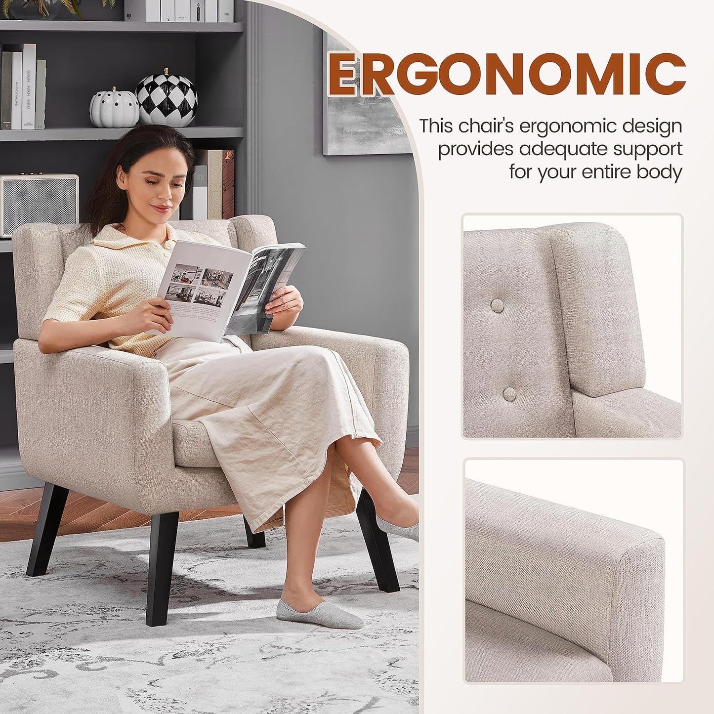 Accent Chairs Set of 2, Living Room Chairs Set, Beige Sofa Chairs, Linen Fabric Reading Chair, Modern Accent Chair for Bedroom Office Reading Nook, Beige