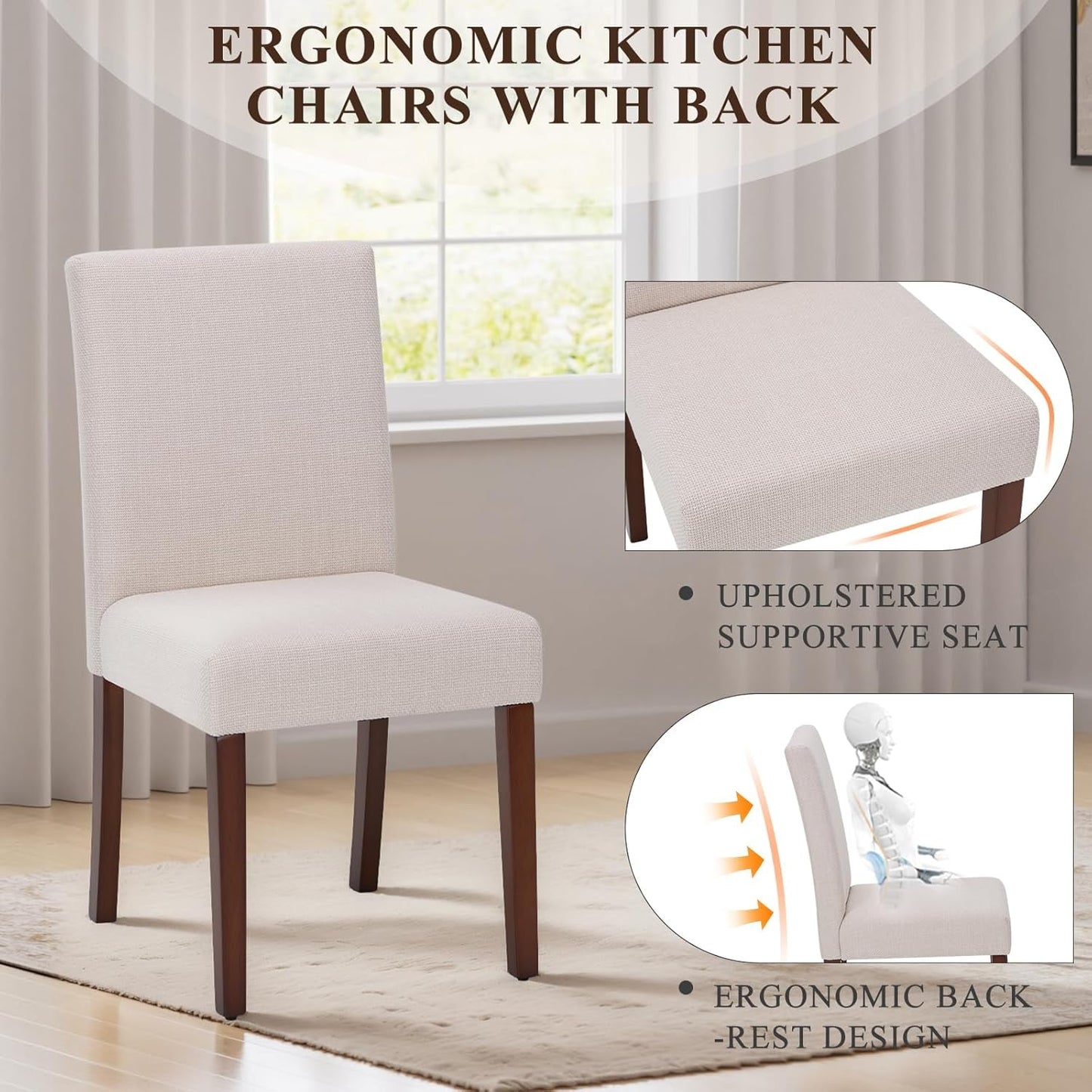 Upholstered Parsons Dining Chairs Set of 6, Modern Dining Room Chairs with Back, Fabric Kitchen Side Chairs with Wood Legs for Dinner Farmhouse Restaurant, Beige