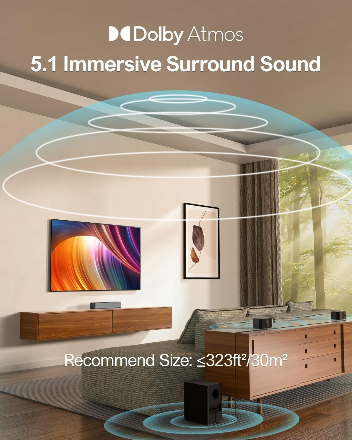 5.1 Sound Bar with Dolby Atmos, 410W Surround Sound System for TV, 3D Sound Bars for Smart TV with Subwoofer, Adjustable Surround and Bass, Home Audio Soundbars for TV, HDMI Earc, Poseidon D60