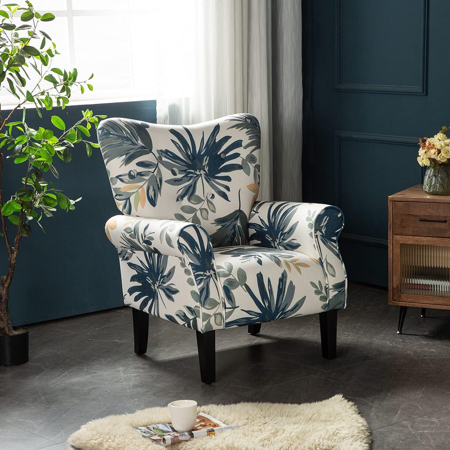 Modern Accent Chair,High Back Armchair,Upholstered Fabric Button Single Sofa with Wooden Legs for Living Room,Bedroom,Blue Leaves