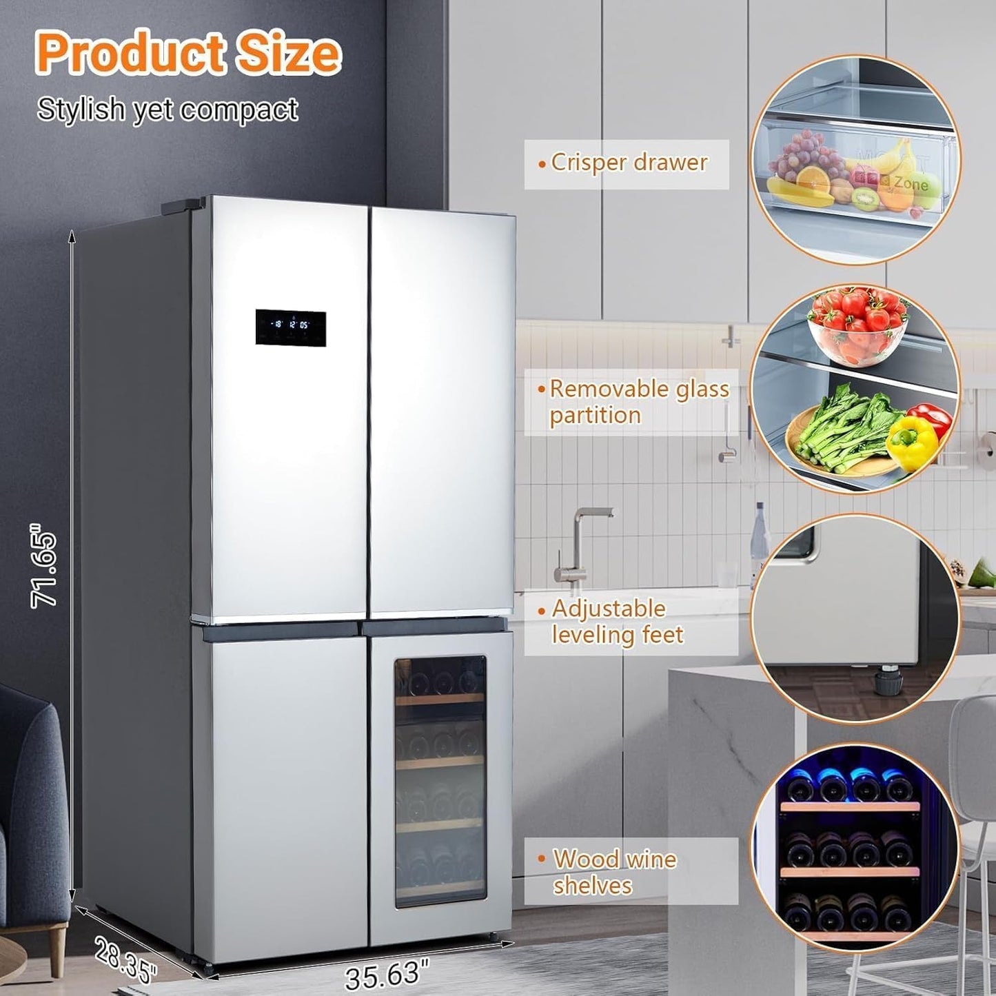 36-Inch French Door Refrigerator, 21 Cu.Ft. Counter-Depth 4-Door Design with Bottom Freezer & Wine Storage, Stainless Steel Kitchen Refrigerator with Adjustable Shelves