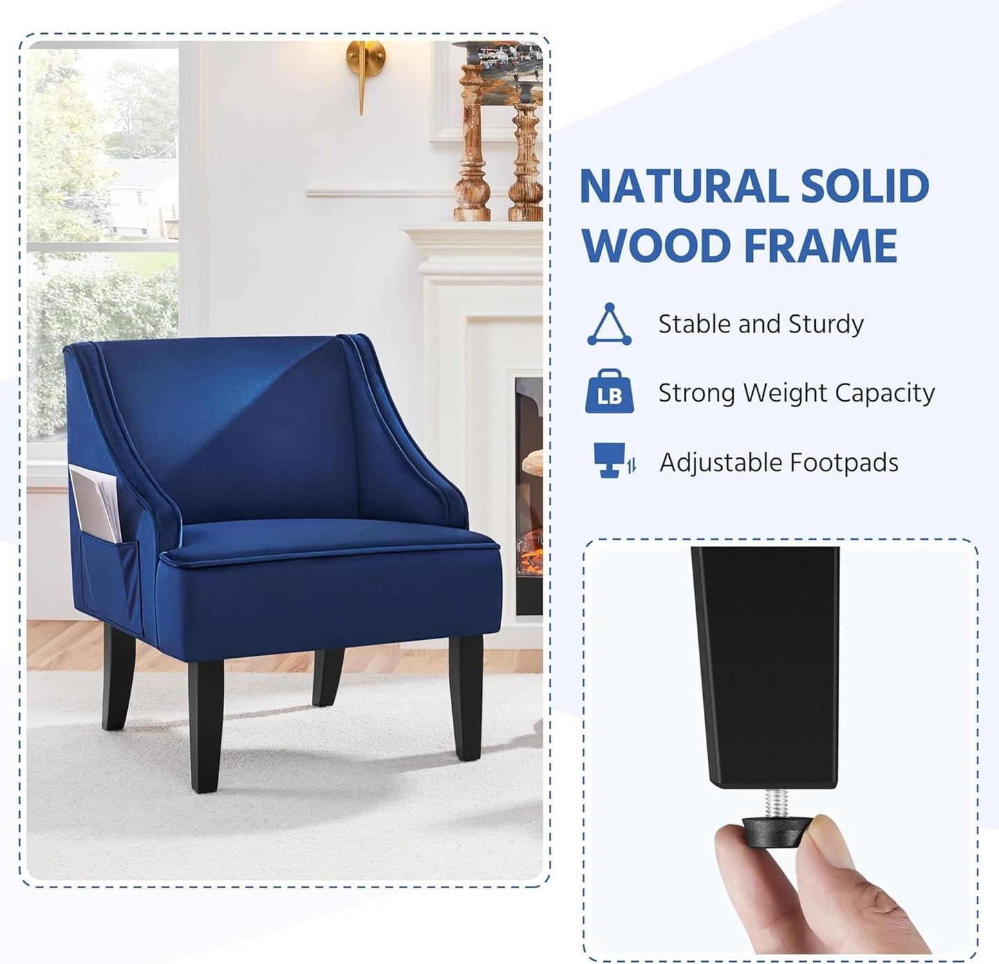 Living Room Chair, Accent Chair with Storage Side Pocket, Armchair with Wide Seat and Rubberwood Legs for Living Room Bedroom Reception Room, Blue