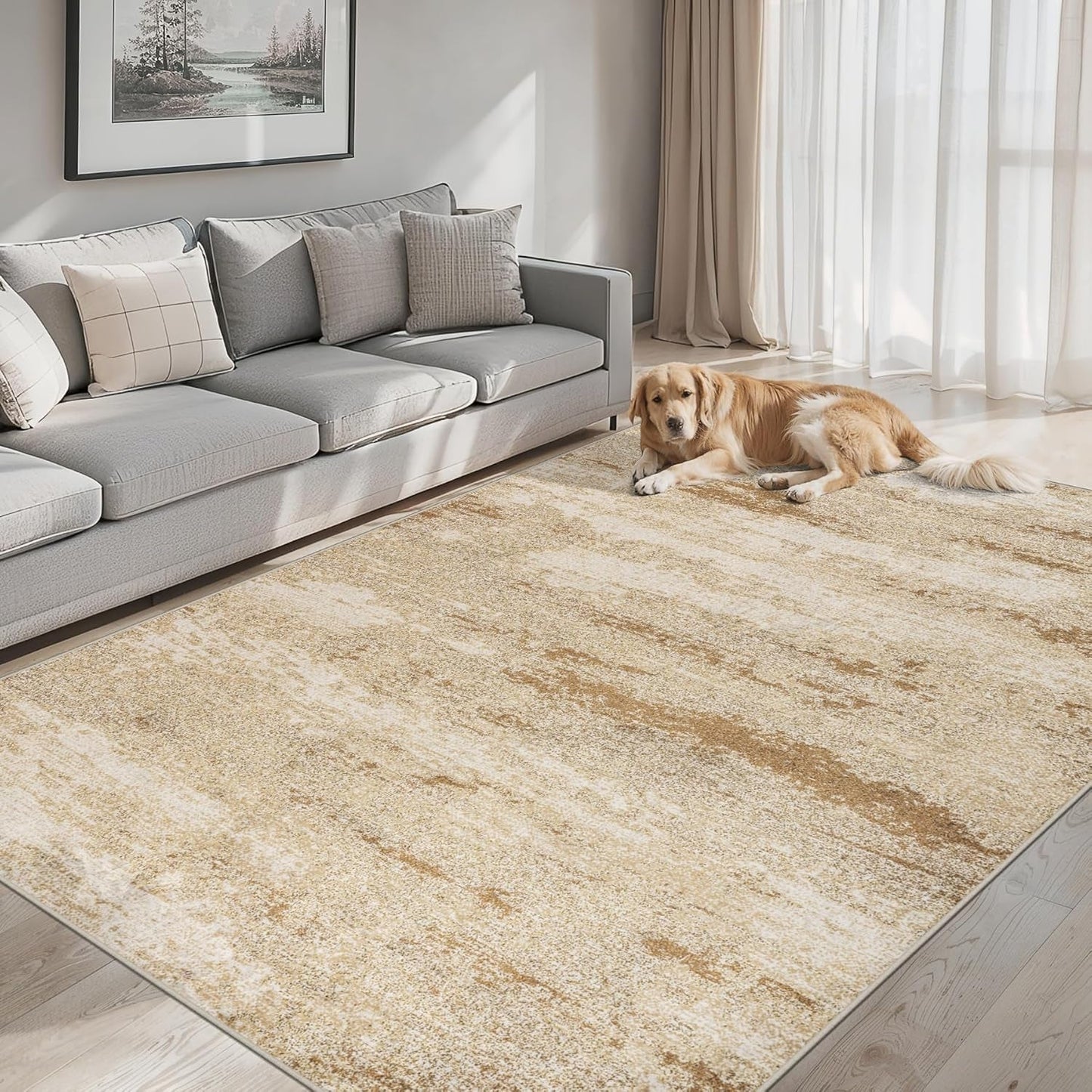 8X10 Area Rugs for Living Room - Washable Rug Modern Abstract Soft Large Neutral Non-Slip Carpet Indoor Floor Stain Resistant Thin Carpets for Bedroom Dining Room Farmhouse Nursery Home Office Beige