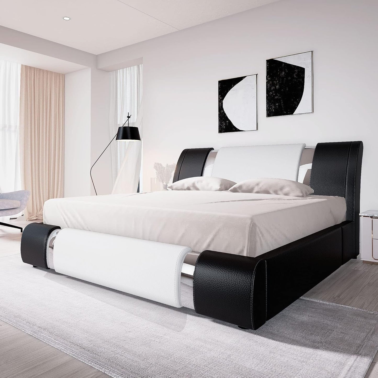 Queen Bed Frame with Iron Piece Decor, Faux Leather Upholstered Platform Bed with Adjustable Headboard & Strong Wooden Slats, No Box Spring Needed, Black and White