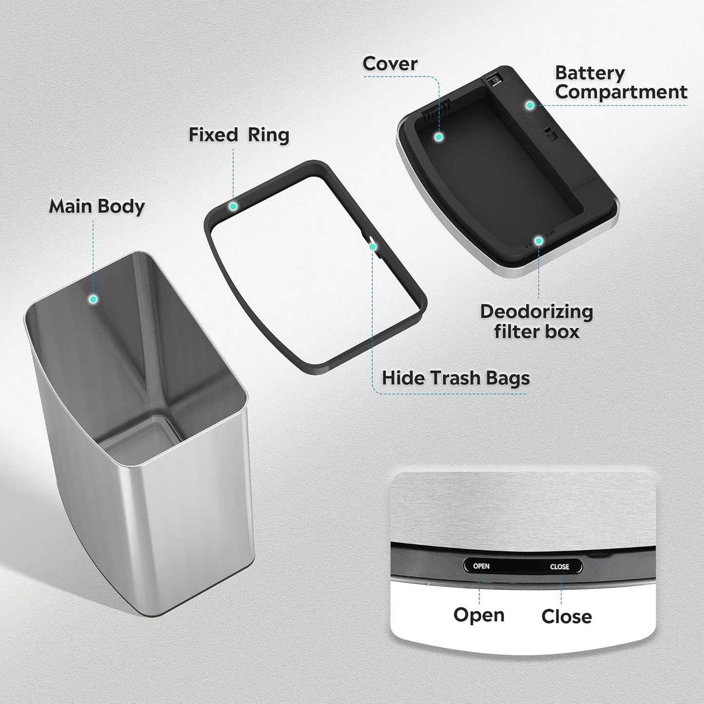 16 Gallon Motion Sensor Trash Can, 60 Liter Automatic Kitchen Trash Can with Soft Close Lid, Touchless Electronic Smart Stainless Steel Waste Bin for Kitchen, Office, Silver