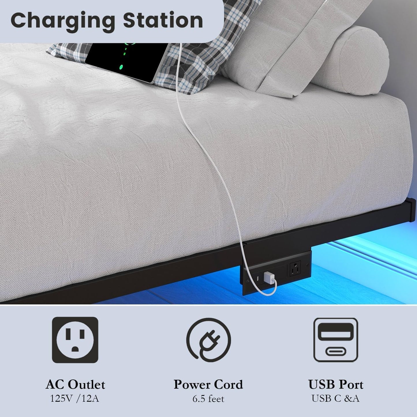 Floating Bed Frame Full with LED Lights and Charging Station - 8 Inch Platform Bed Frame No Box Spring Needed, Easy Assembly