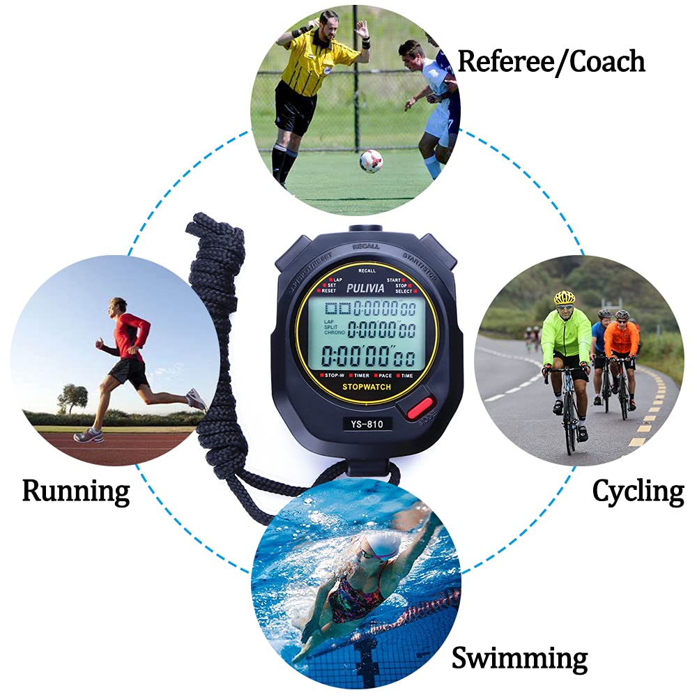 PULIVIA Sports Stopwatch Timer 10 Lap Split Memory Digital Stop Watch, Countdown Timer Pace Mode 12/24 Hour Clock Calendar with Alarm, 3 Rows Display Large Screen Water Resistant Battery Included