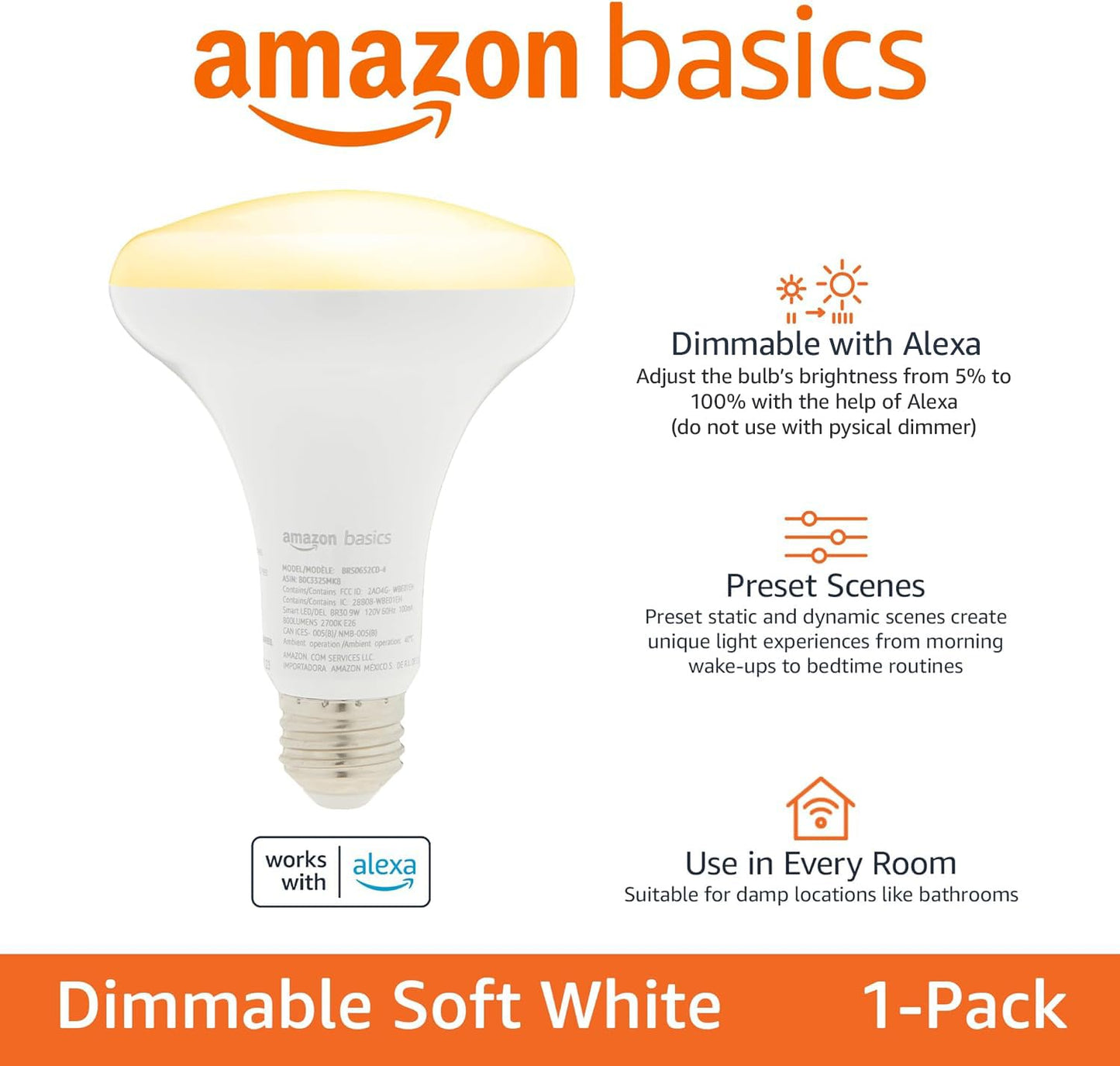 large online retailer Basics Smart Br30 Led Light Bulb, Dimmable, Soft White, 60W Equivalent, 800Lm, 9W, Works With Alexa, 1 Pack