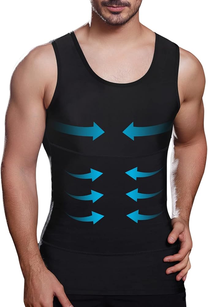 Mens Slimming Compression Shirt, Body Shaper Workout Tank Top, Gynecomastia Tummy Control Undershirts - Change in Seconds
