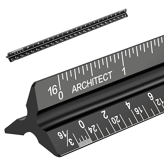 Architectural Scale Ruler, Imperial Measurements 12'', Laser-Etched Aluminum Architect Triangular Ruler Black for Architec...