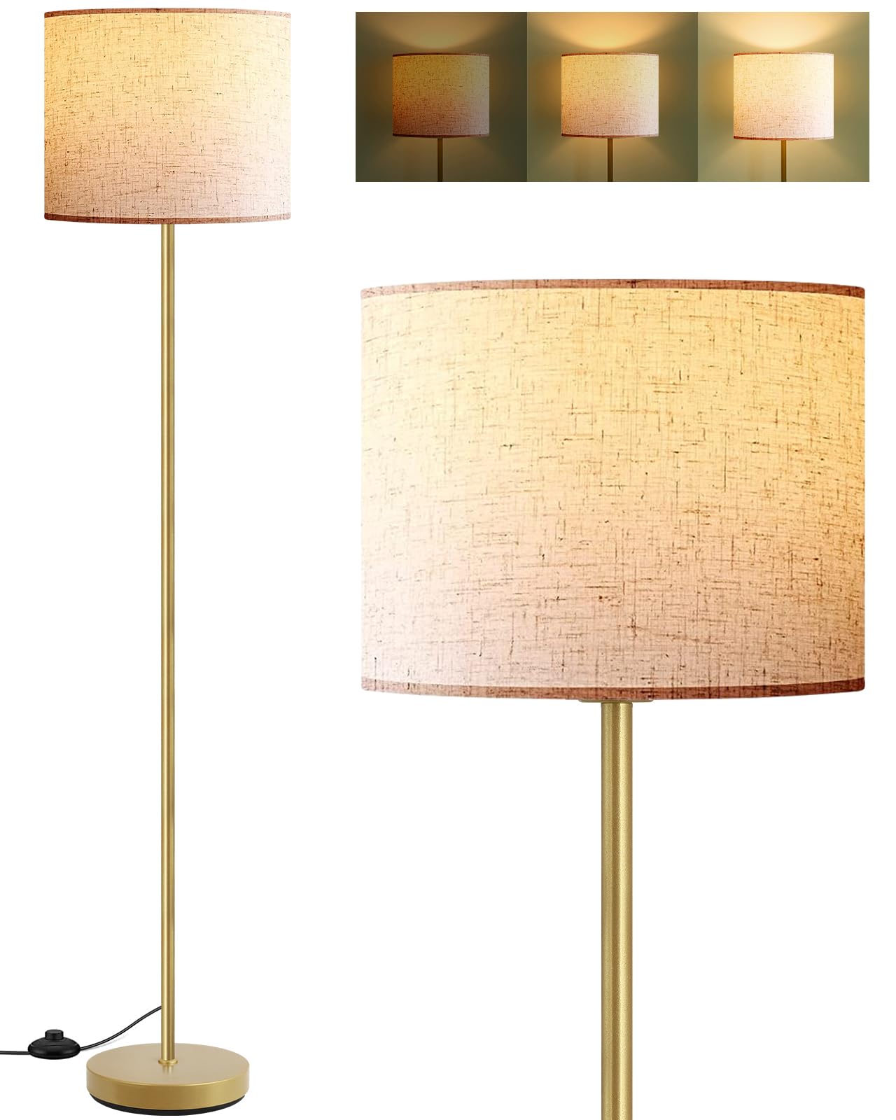 Boostarea Floor Lamp - 15W Led, 3 Dimmable Levels, Gold Metal, On/Off Footswitch, Tall Standing Lamp For Living Room/Bedroom/Office