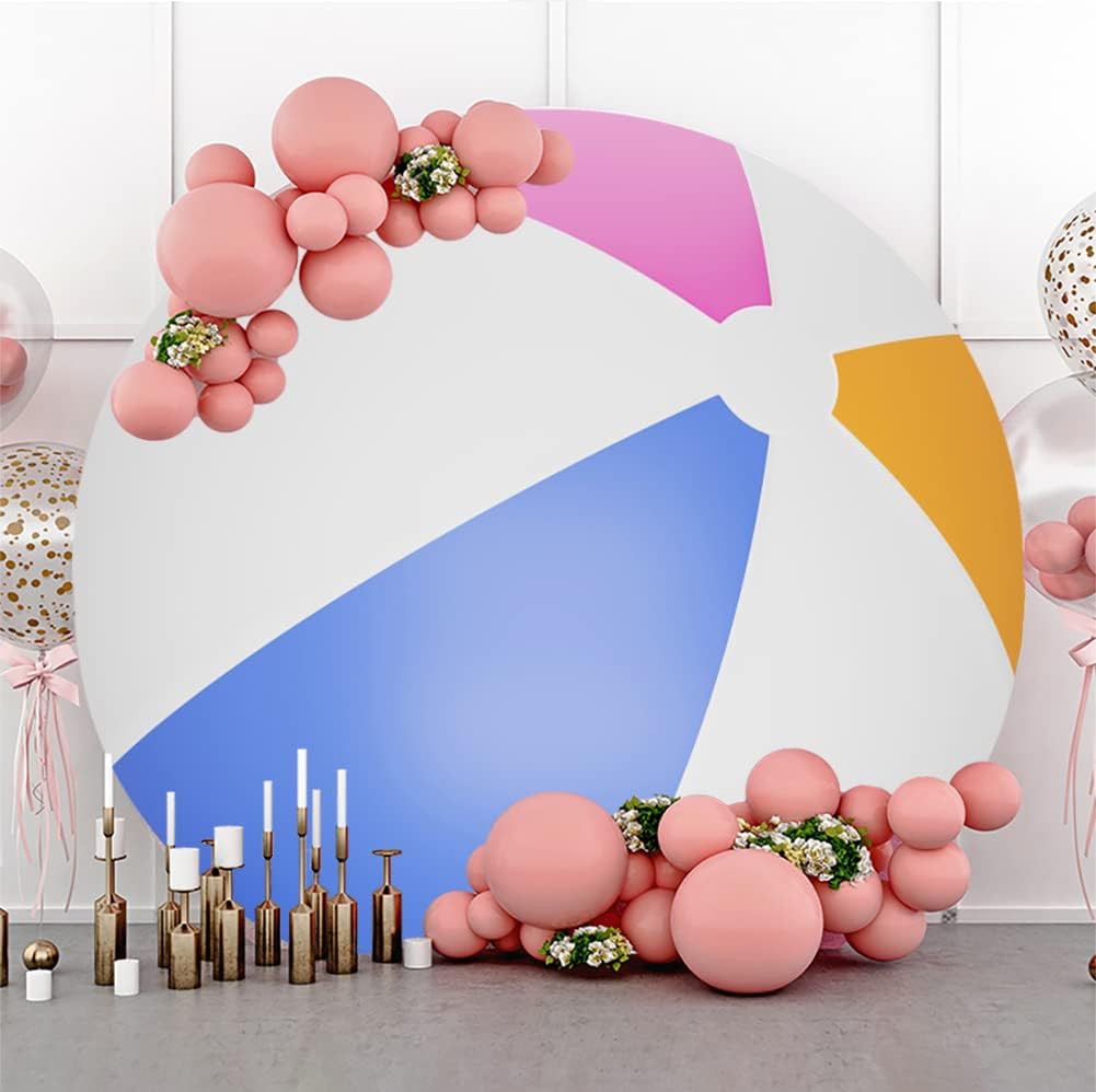 Leyiyi 4x4ft Beach Ball Round Backdrop Cover Polyester Swimming Pool Ball Backdrop for Pool Party Summer Beach Ball Decoration Newborn Kids Birthday Party Cake Table Banner Photo Booth Props