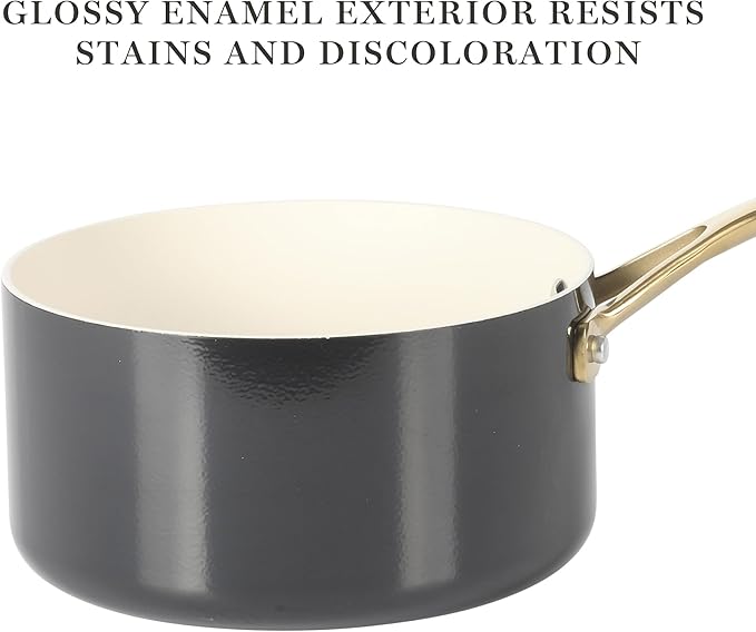 Martha Stewart Galway Premium Nonstick PFA Free Ceramic Interior 10 Piece Heavy Gauge Enamel Aluminum Pots and Pans Cookware Set W/Aluminum Lids - Black W/Gold Handle