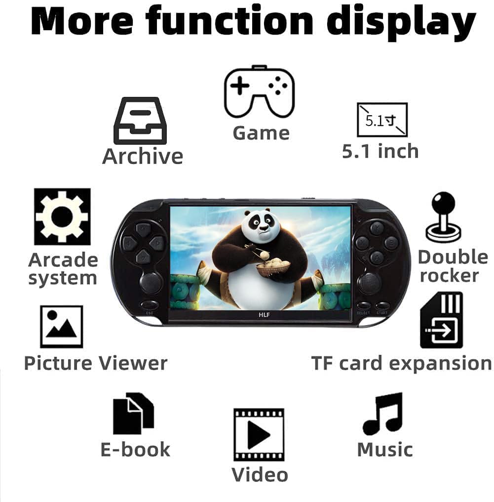 HLF Multi-Function 5.1 Inch Video Game Console Built-in 7500 Retro Games Portable Handheld Portable Support Arcade Multiple Emulator Games Archiveable MP3/4 Men/Kids