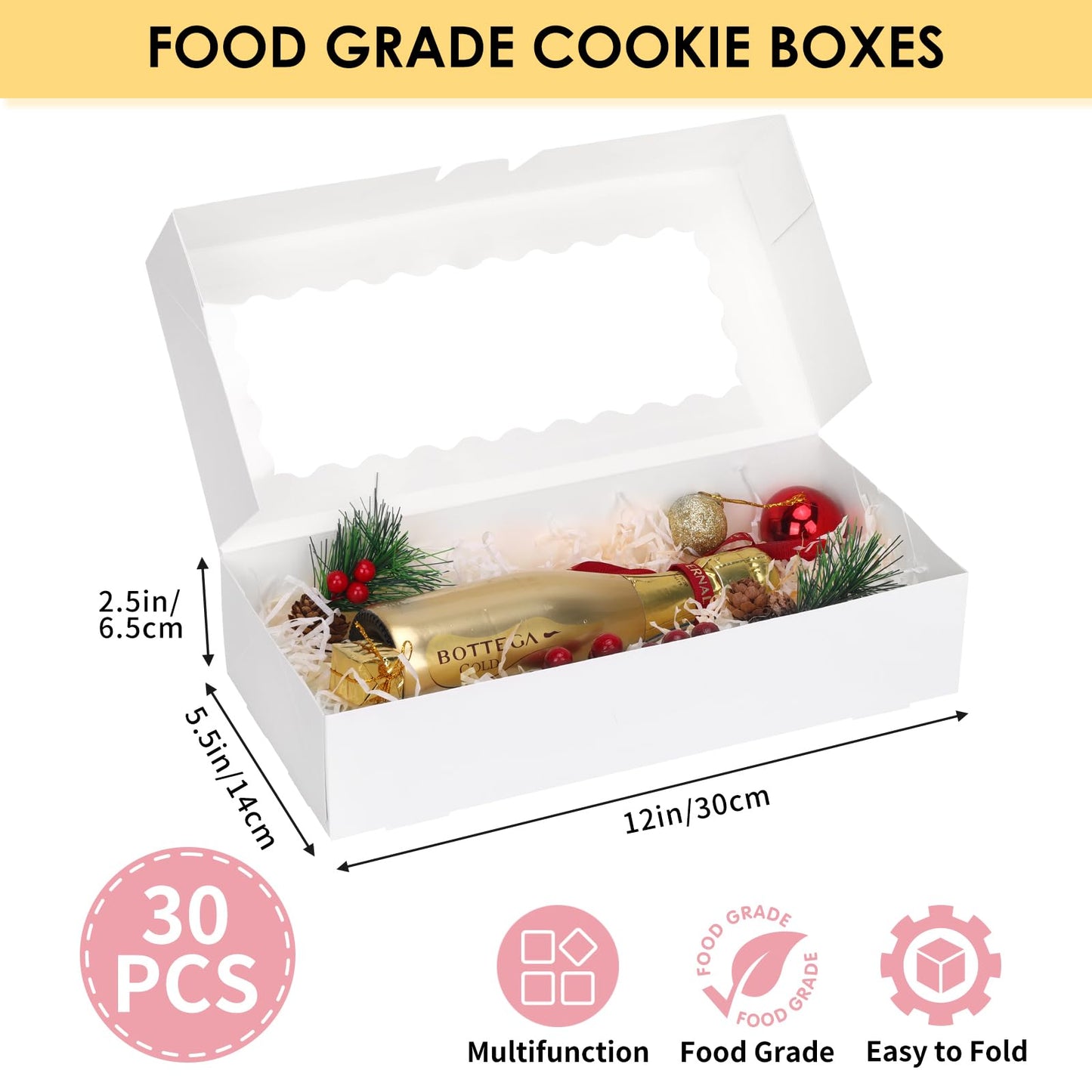Moretoes 30pcs Valentines Day Cookie Boxes, 12x5.5x2.5 Inches White Bakery Box with Window for Treats, Chocolate Covered Strawberry, Donuts, Pastries, Cake Pop