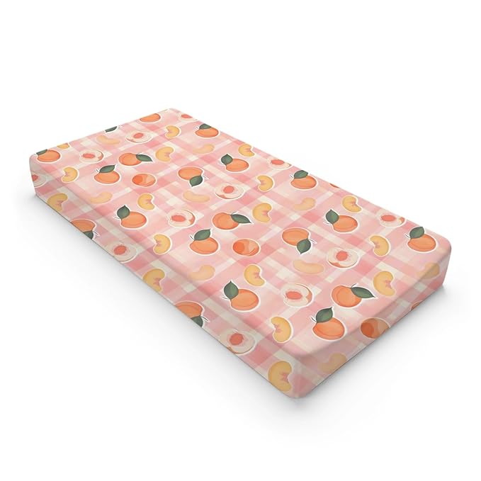 Summer Peaches Leaves Checkered Pattern Baby Changing Pad Cover, Unisex Fruits Nursery Diaper Changing Table Pad Mat Sheet for Boys Girls-16x32