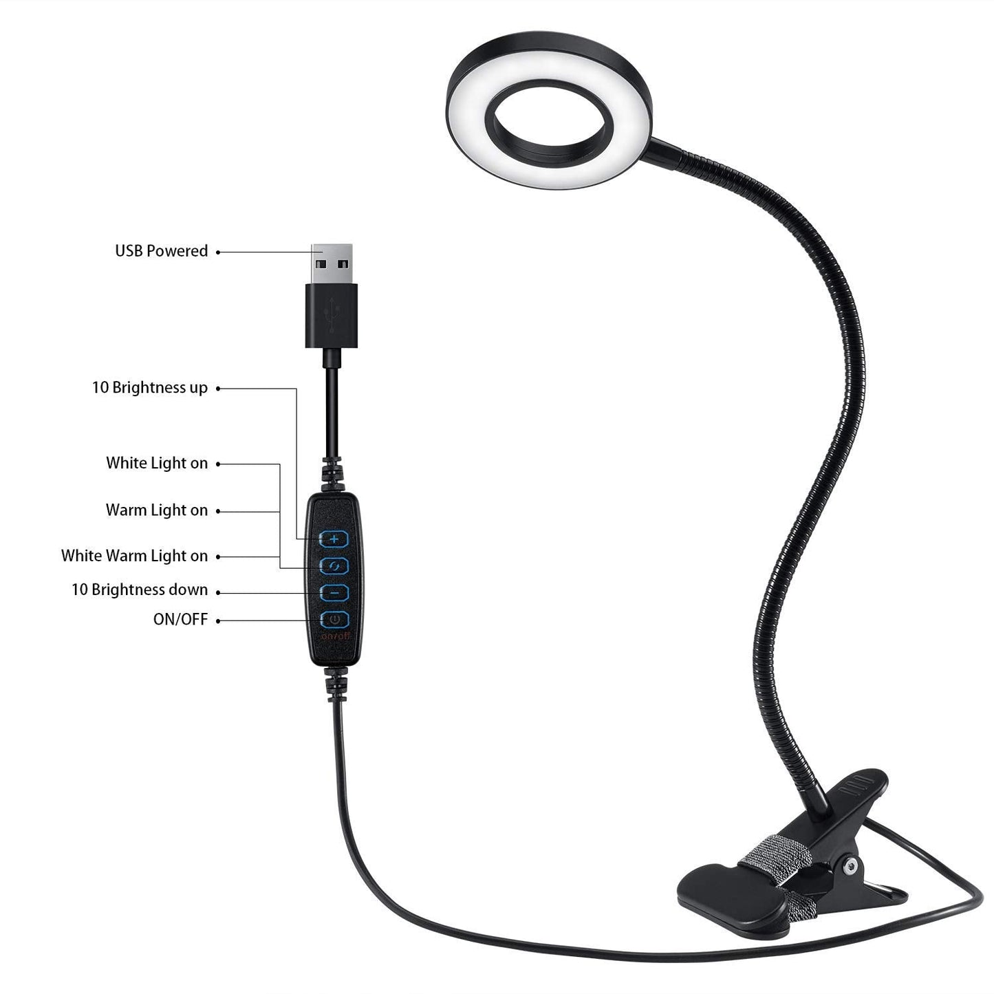 Qqappu Clip Light - 48 Led Clamp-On Desk Lamp, 3 Color Modes, 10 Brightness Levels, Flexible Gooseneck, Black