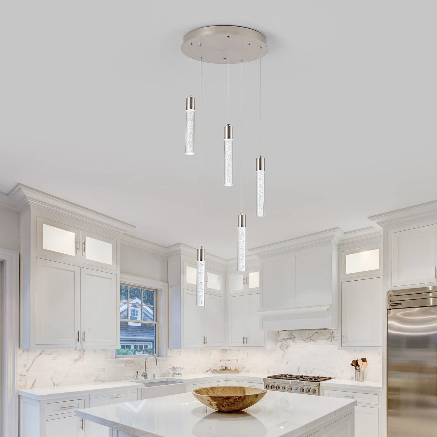 votag 5-Light Pendant Light, Dimmable 40W, Modern Acrylic Lighting for Kitchen Island, Nickel Finish, Model A174