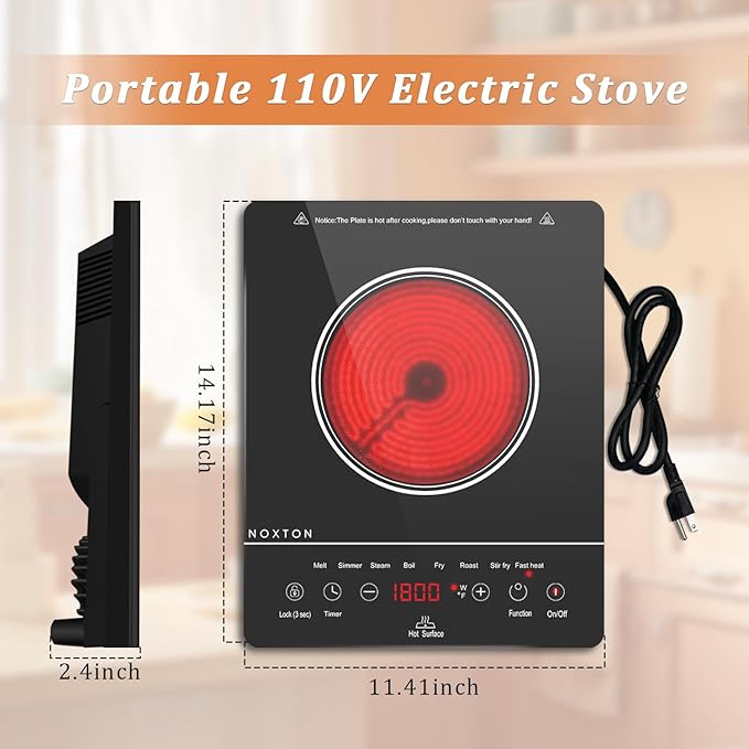Noxton Portable Electric Stove 110V, 1800W Single Burner Electric Cooktop, Countertop Burner Electri Hot Plate, 4 Hour Timer, 9 Power Level, Child Safety Lock, Compatible with All Cookware(Black)