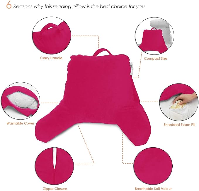 Nestl Reading Pillow Standard Bed Pillow, Back Pillow for Sitting in Bed Shredded Memory Foam Chair Pillow, Reading & Bed Rest Pillows Hot Pink Back Pillow for Bed, Bed Chair Arm Pillow with Pockets