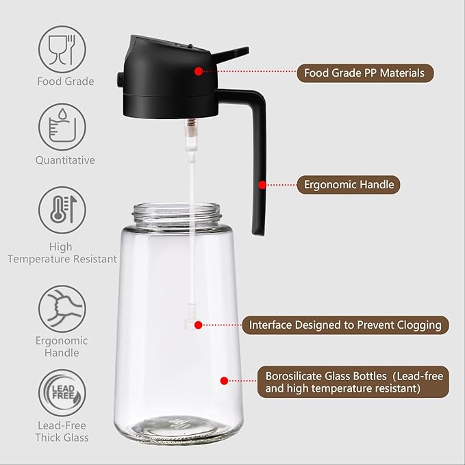 Olive Oil Sprayer for Cooking, 470ml 2 In 1 Glass Oil Dispenser/Pour Bottle, Kitchen Accessories, Kitchen Gadgets for Air Fryer, Salad, BBQ (Black)