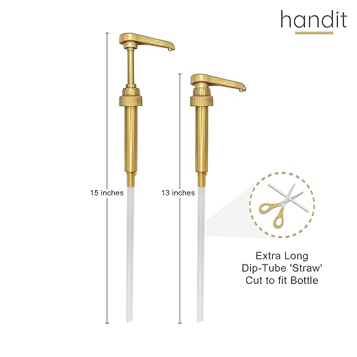 HANDIT - Gold Coffee Syrup Pumps | Fits 25.4oz/750ml Liter Torani, Skinny, Davinci and Monin Plastic 33.8oz Bottles | Does Not Fit Monin 750ml (2 Pack)