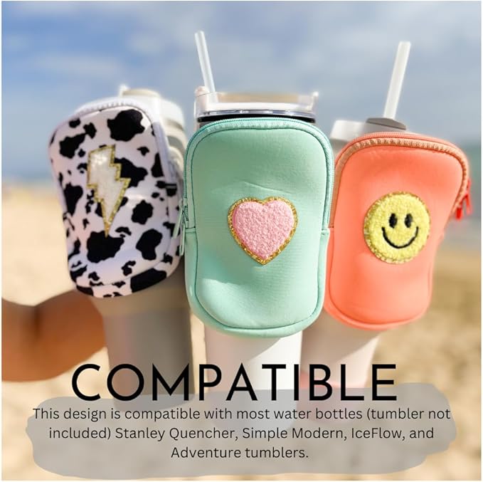 Water Bottle Pouch For Tumblers, Gym Accessories, Unisex | Compatible w/ 20-48oz Tumblers Including Stanley Quencher | Holds Phone, Wallet, Keys, Cards, & More (Cow Print/Lightening)