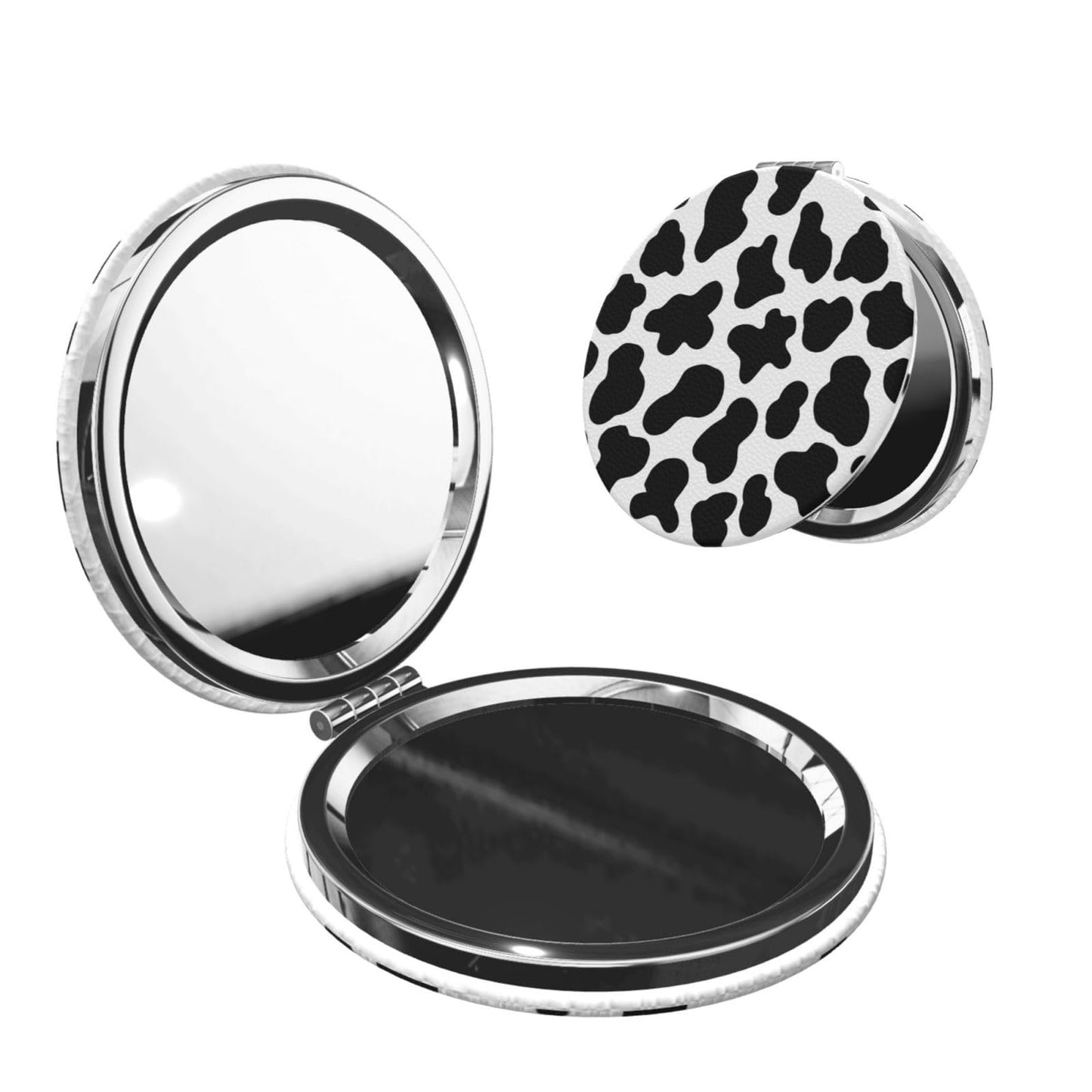 keluki Animal Cow White Black Spot Print Foldable Travel Pocket Mirror Round PU Leather Portable Mini Makeup Double Sided Handhe