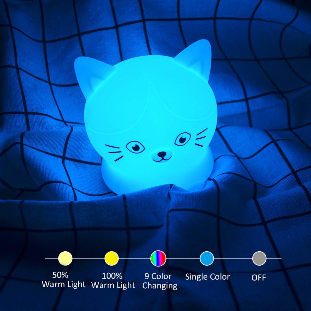 Tianhaixing Cat Night Light - Rechargeable LED Bedside Lamp, 9 Colors, Silicone, Model THX856, White