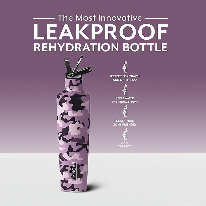 BrüMate ReHydration - 100% Leakproof 25oz Insulated Water Bottle with Straw - Stainless Steel Water Canteen (Mauve Camo)