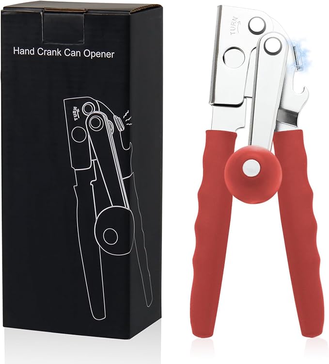 Commercial Can Opener, Stainless Steel Heavy Duty Manual Hand Crank Can Opener, with Comfortable Ergonomic Design Extra-long Handles, Large Handheld Smooth Can Open Easy for Big Cans, Red