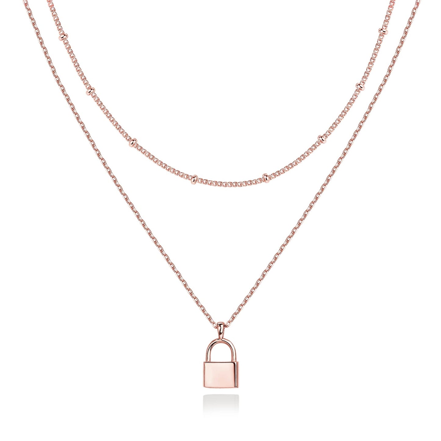 PAVOI 14K Gold Plated Layered Lock Pendant Necklace | Layering Necklaces for Women | Dainty Minimalist Design Pendant (Lock, Ros