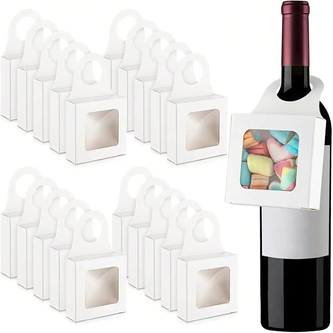 Dudnbt 30 PCS Kraft Paper Wine Bottle Box with Window 3.5 x 3.5 x 1.2 Inches for Gifts Empty Wine Bottles for Decoration Bottle Hanger Favor Box for holding Candy Truffles Chocolate Cookies (White)