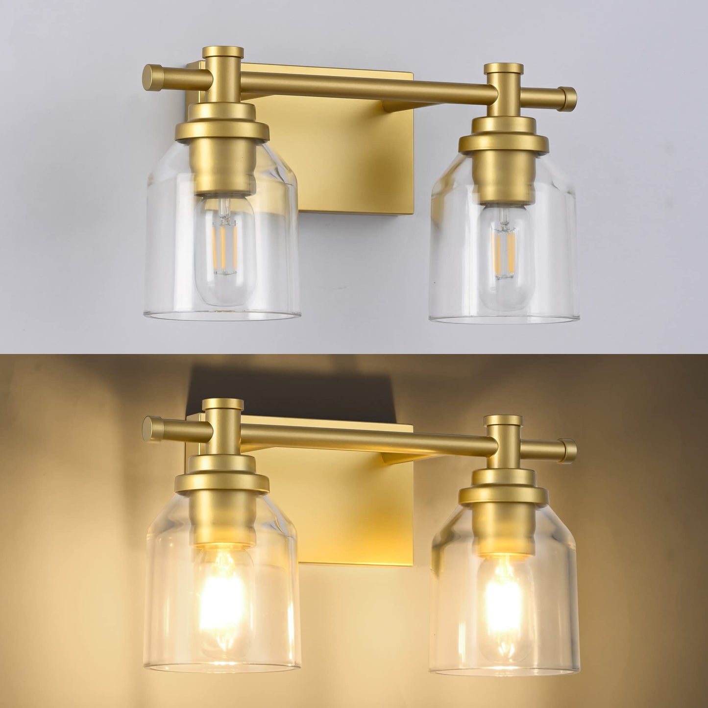 SOLFART Golden Vanity Light Fixture - 2 Lights, Glass Shade, Vintage Wall Lighting for Bathroom Over Mirror