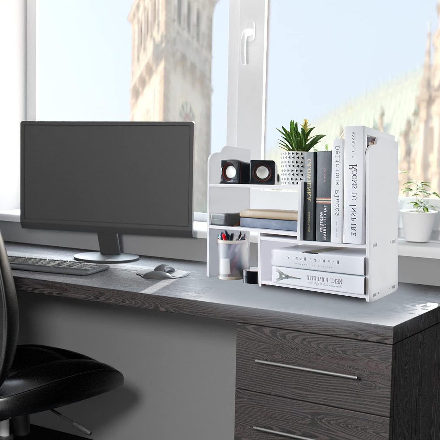 YGYQZ Small Bookshelf for Desktop Storage, Mini Cute Office Desk Shelves White Versatility Organizers for Women, Kids