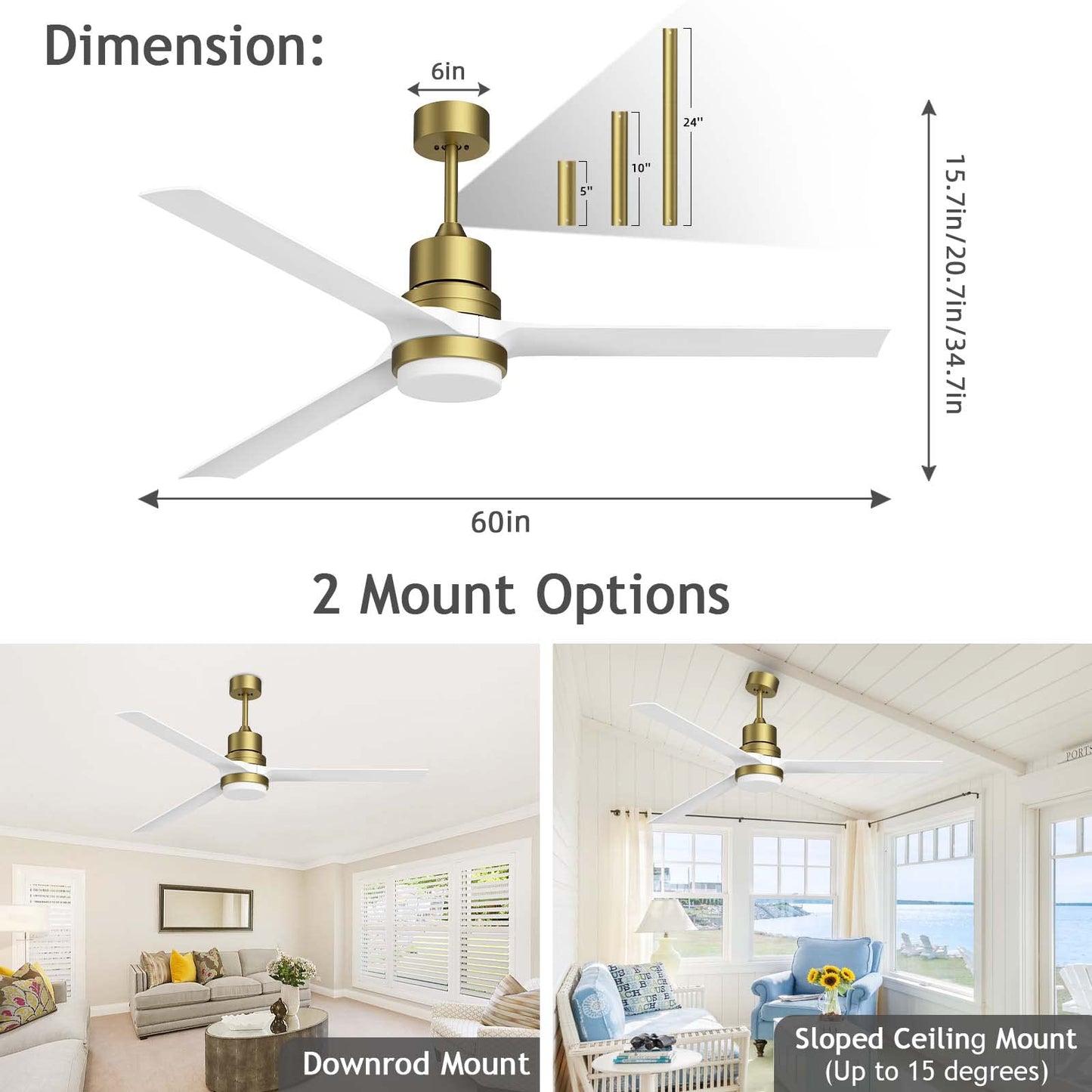 Biukis Ceiling Fans With Lights 60-In White Ceiling Fan With Dimmable Led Light Kit Remote Control Modern Blades Reversible Dc M